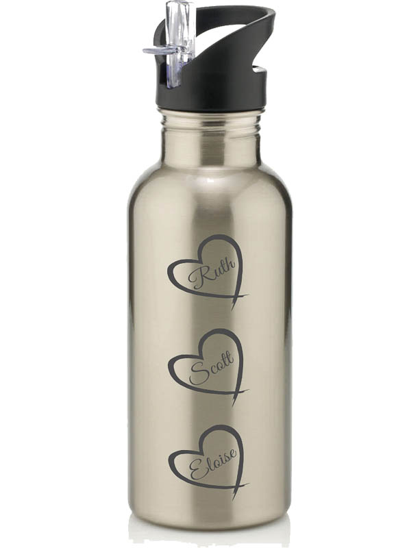 Personalised named hearts Laser Etched Water Bottle