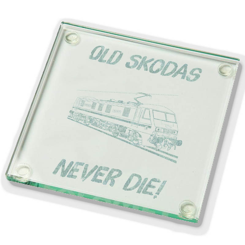 Old Skodas Never die Glass Coaster.jpg Old Skodas Never Die Laser Etched Glass Coaster