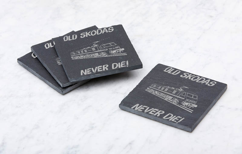 Old Skodas Never die Slate Coaster.jpg Old Skodas Never Die Laser Etched Slate Coaster