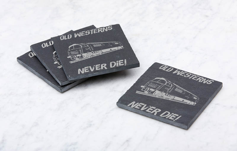 Old Westerns Never die plain Slate Coaster.jpg Old Westerns Never Die Laser Etched Slate Coaster